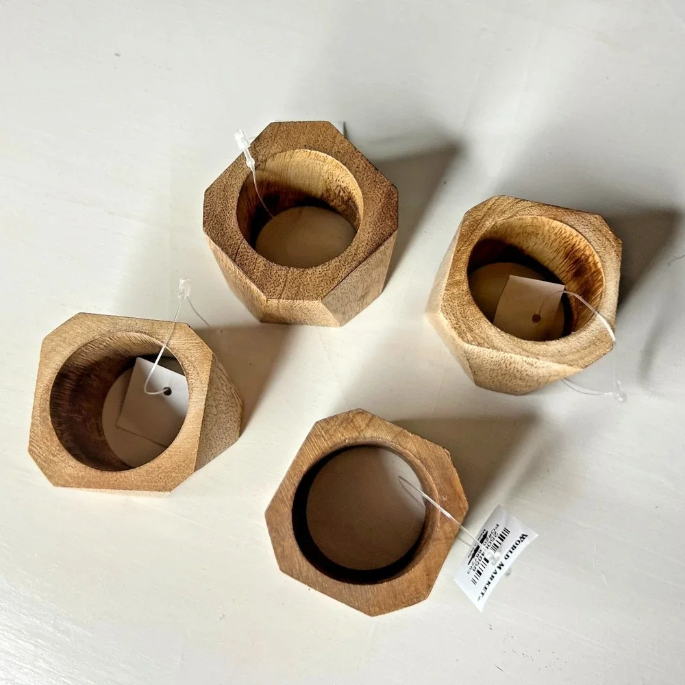 World Market Wooden Napkin Rings Set of 4 Geometric Natural Wood Table Decor